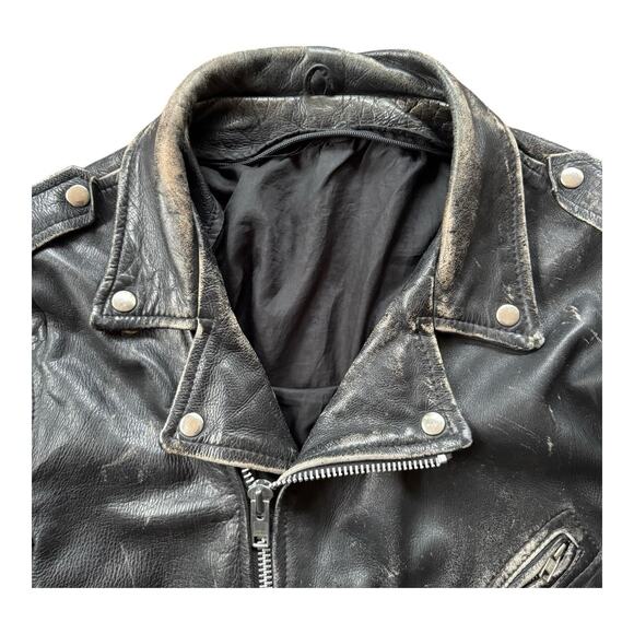 Vintage Perfectly Worn Black Leather Belted Motorcycle Jacket Men’s Large - Picture 4 of 10